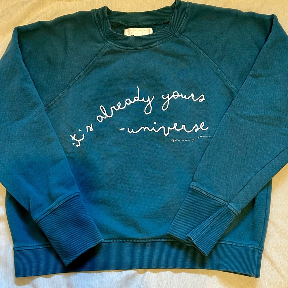 Spiritual Gangster Teal Sweatshirt with White embroidered Script. SzS